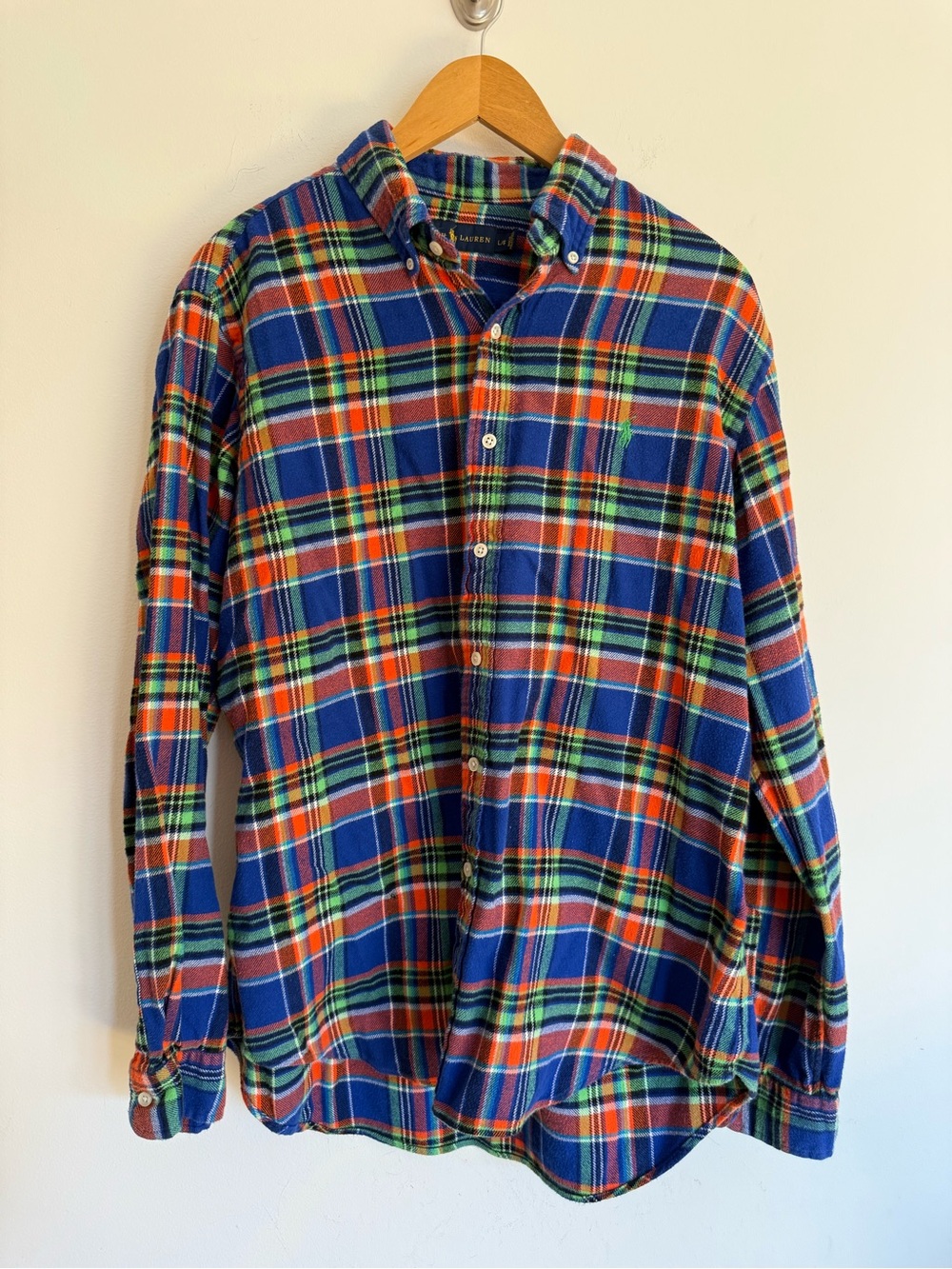 Polo Ralph Lauren Plaid Flannel Shirt Men L Large Multicolor Blue Orange Casual